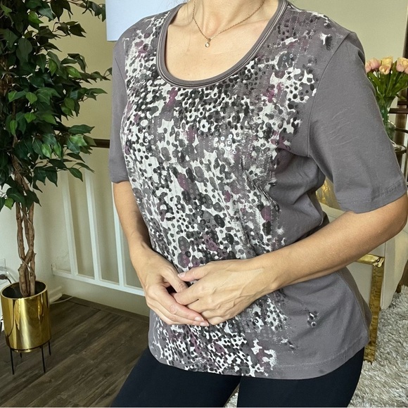 Gerry Weber Short Sleeves Brown Sequined Fitted Top Tee Shirt Sweetheart Neck L - Picture 3 of 12